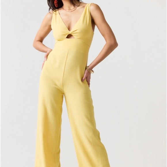 Francesca’s Yellow Twist Front Jumpsuit - Picture 1 of 3